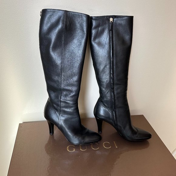 Gucci Knee High Tall Black Leather Boots - Picture 1 of 11
